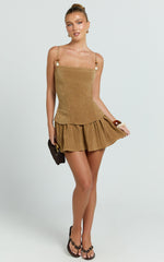 Straight Neck Gathered Drop Waist Dress in Brown