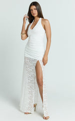 Plunge Neck Lace Frill Hem Dress in White