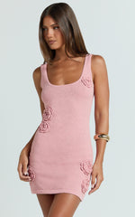 Scoop Neck 3D Floral Knit Dress in Pale Pink