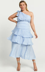 One Shoulder Fit and Flare Layered Dress in Pale Blue