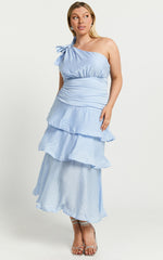 One Shoulder Fit and Flare Layered Dress in Pale Blue