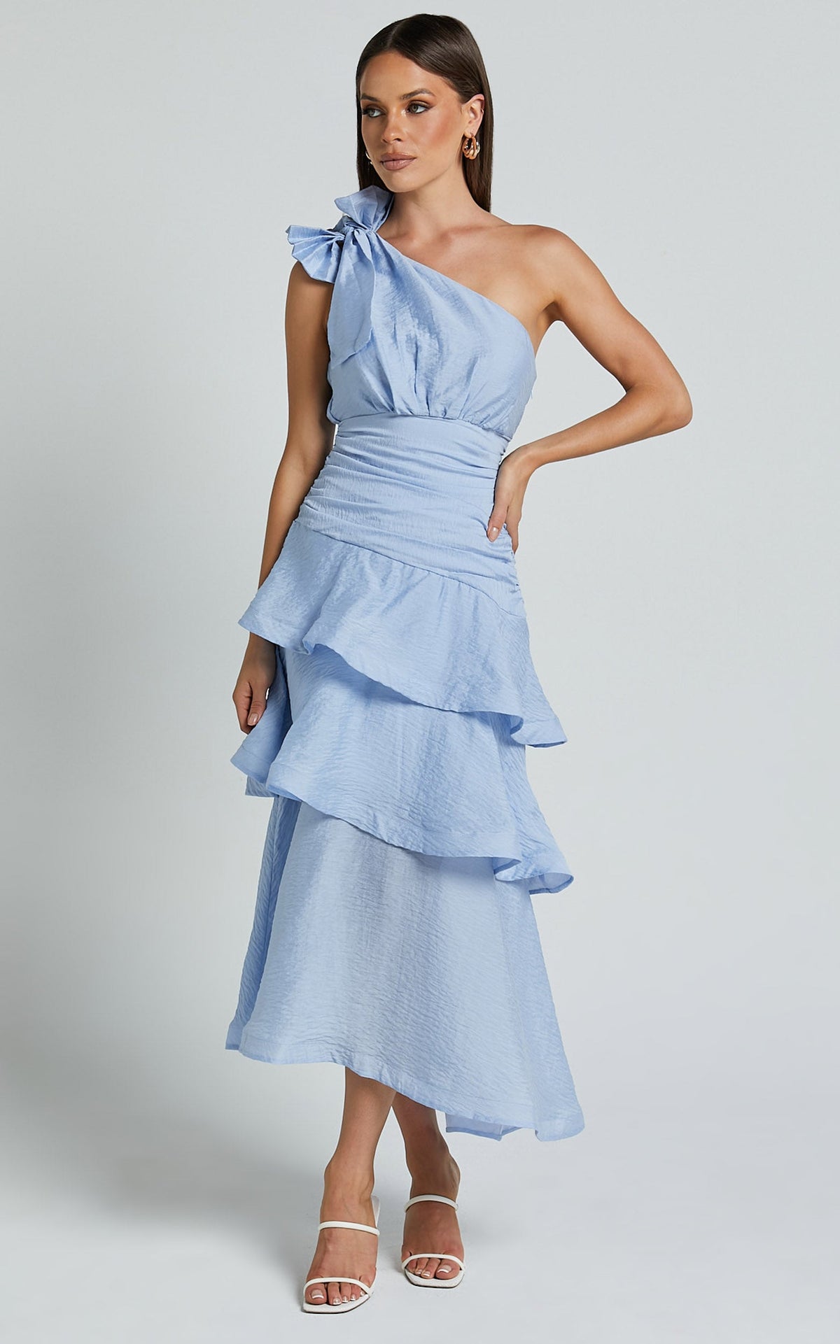 One Shoulder Fit and Flare Layered Dress in Pale Blue