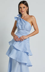 One Shoulder Fit and Flare Layered Dress in Pale Blue