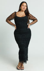 Long Sleeve Shirred Tulle Dress in Black Polka