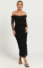 Long Sleeve Shirred Tulle Dress in Black Polka