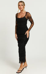 Long Sleeve Shirred Tulle Dress in Black Polka