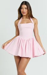 Halter Tie Neck Corset Panel Dress in Pink