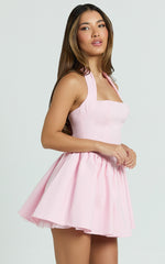 Halter Tie Neck Corset Panel Dress in Pink