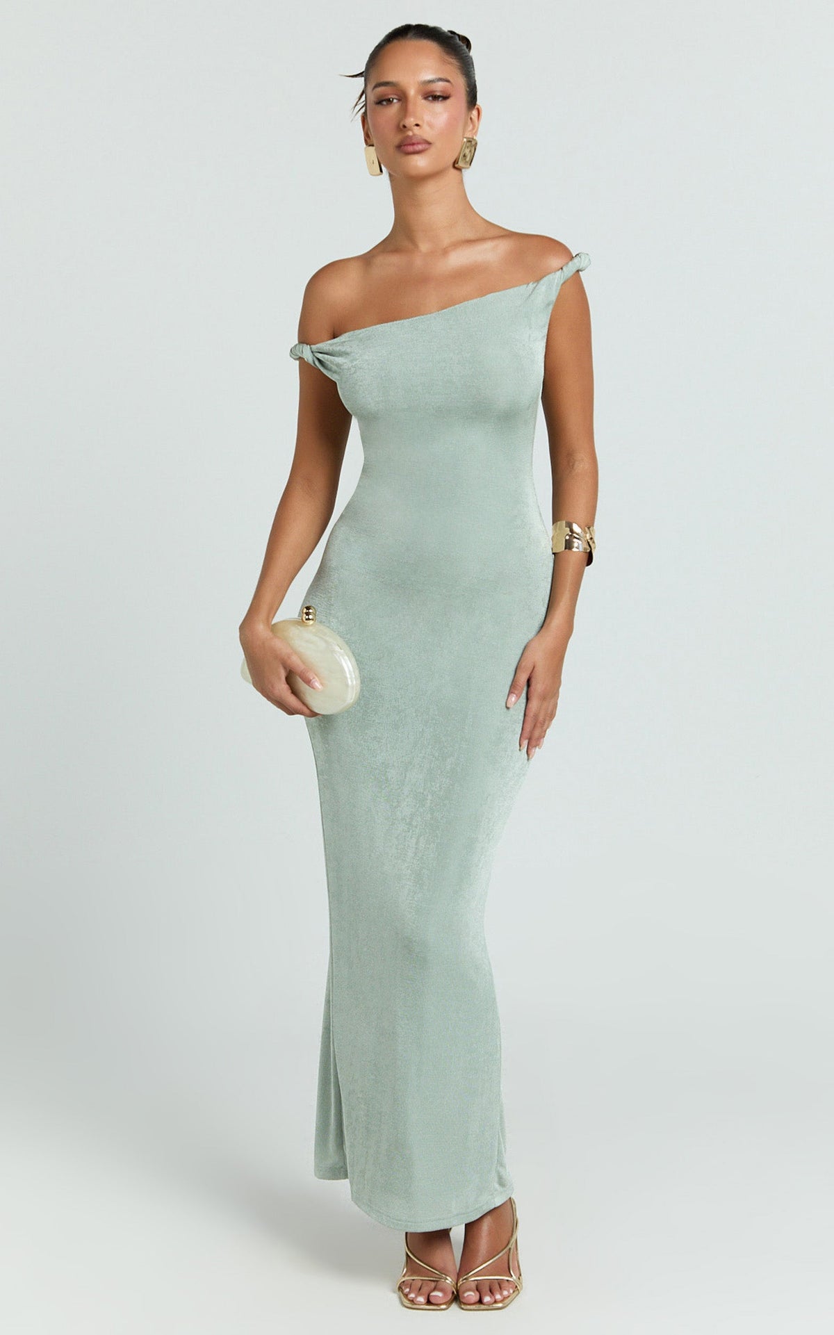 Twist Off Shoulder Bodycon Dress in Sage