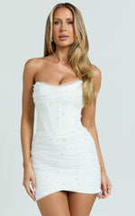 Beaded Strapless Corset Panel Dress with Detachable Tulle Skirt in White