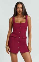 Square Neck Button Down Mini Dress in Wine