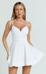 V Neck Tie Bust A Line Dress in White