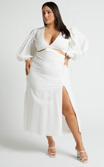 Puff Sleeve Cut Out Split Dress in White