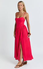 Linen Scoop Neck Gathered Dress in Red