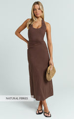 Deep U Halter Neck Dress in Chocolate