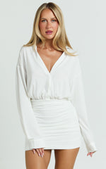 Ruched Jersey Shirt Dress in White