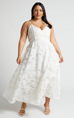 Jacquard Plunge Fit and Flare Dress in White