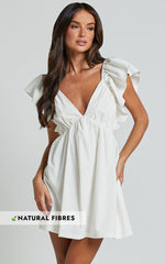 Ruffle Sleeve Tie Back Plunge Dress in Off White