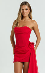 Strapless Draped Corset Bodycon Dress in Red