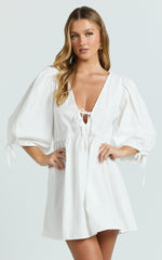 Tie Front Puff Sleeve Dress in White