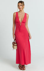 Plunge Neckline Tie Front A Line Dress in Red