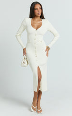 Pearl Button Down Long Sleeve Knit Dress in Ivory
