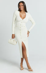 Pearl Button Down Long Sleeve Knit Dress in Ivory