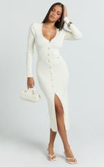 Pearl Button Down Long Sleeve Knit Dress in Ivory