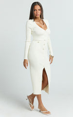 Pearl Button Down Long Sleeve Knit Dress in Ivory