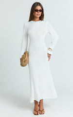 Long Sleeve Scallop Edge Knitted Midi Dress in White