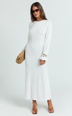Long Sleeve Scallop Edge Knitted Midi Dress in White
