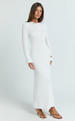 Long Sleeve Scallop Edge Knitted Midi Dress in White