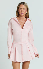 Collared Long Sleeve Button Front Dropped Waist Dress in Pink