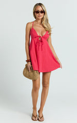 V Neck Bow Front Baby Doll Mini Dress in Red