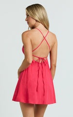 V Neck Bow Front Baby Doll Mini Dress in Red